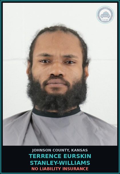 CCW arrest card for TERRENCE EURSKIN STANLEY-WILLIAMS in Johnson County: NO LIABILITY INSURANCE