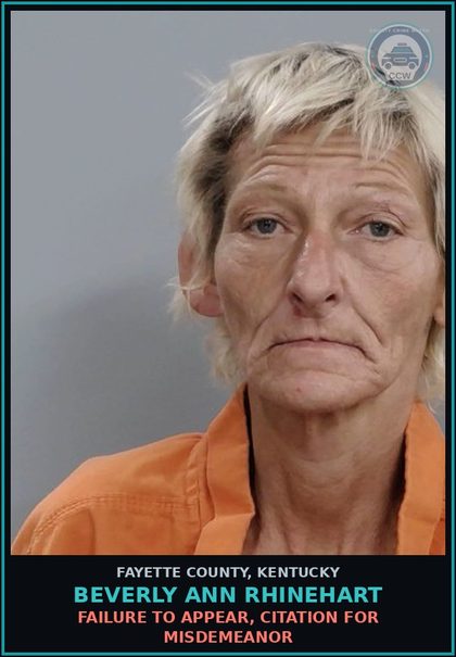 CCW arrest card for BEVERLY ANN RHINEHART in Fayette County: TBUT OR DISP SHOPLIFTING