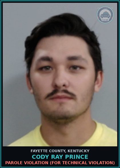 CCW arrest card for CODY RAY PRINCE in Fayette County: PAROLE VIOLATION (FOR TECHNICAL VIOLATION)