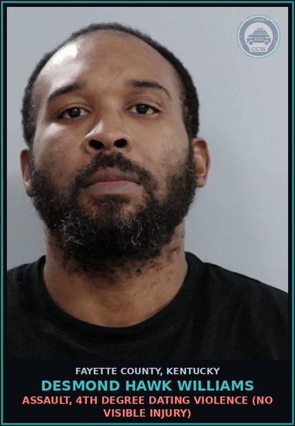 CCW arrest card for DESMOND HAWK WILLIAMS in Fayette County: ASSAULT, 4TH DEGREE DATING VIOLENCE (NO VISIBLE INJURY)