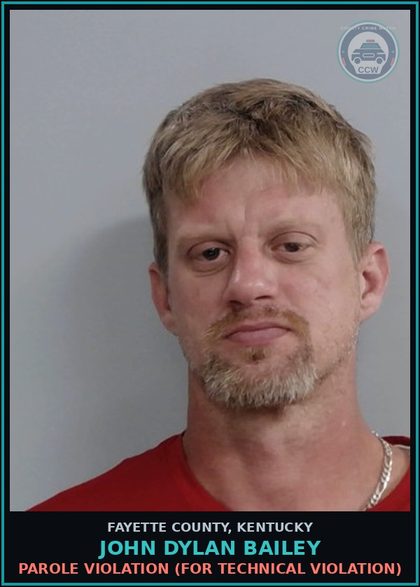 CCW arrest card for JOHN DYLAN BAILEY in Fayette County: PAROLE VIOLATION (FOR TECHNICAL VIOLATION)