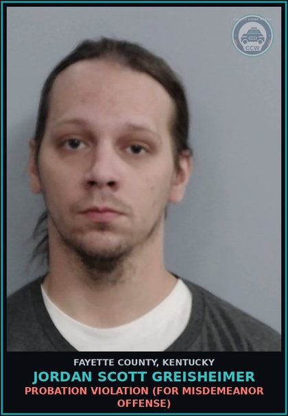 CCW arrest card for JORDAN SCOTT GREISHEIMER in Fayette County: PROBATION VIOLATION (FOR MISDEMEANOR OFFENSE)