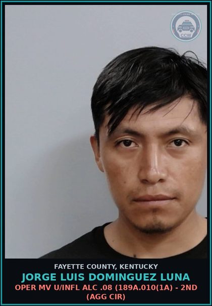 CCW arrest card for JORGE LUIS DOMINGUEZ LUNA in Fayette County: OPER MV U/INFL ALC .08 (189A.010(1A) - 2ND (AGG CIR)