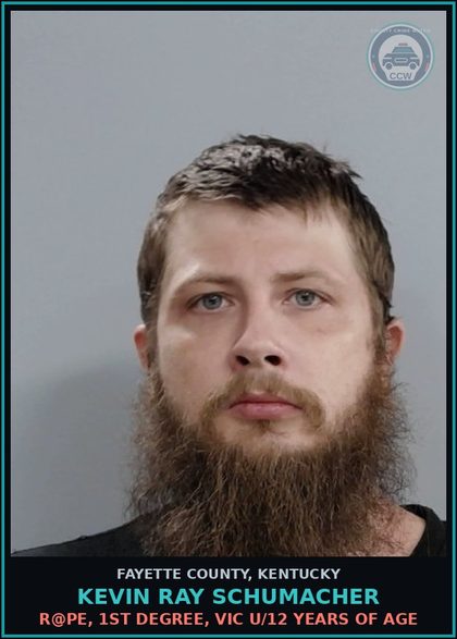 CCW arrest card for KEVIN RAY SCHUMACHER in Fayette County: r@pe, 1ST DEGREE, VICTIM U/12 YEARS OF AGE