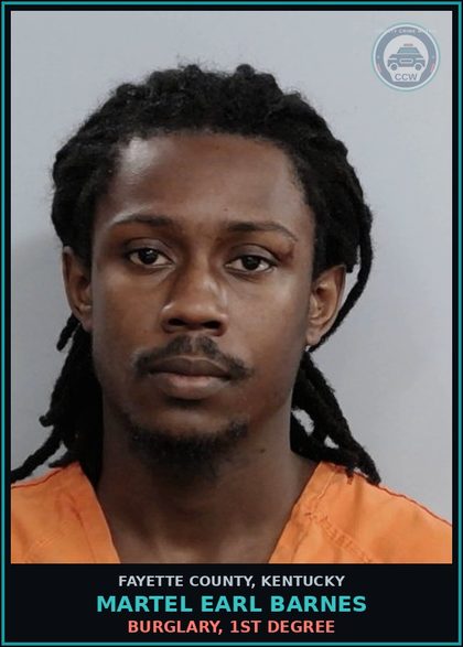 CCW arrest card for MARTEL EARL BARNES in Fayette County: BURGLARY, 1ST DEGREE