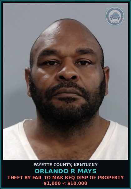 CCW arrest card for ORLANDO R MAYS in Fayette County: THEFT BY FAIL TO MAK REQ DISP OF PROPERTY $1,000 < $10,000