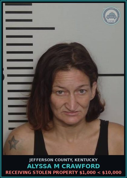 CCW arrest card for Alyssa M Crawford in Jefferson County: RECEIVING STOLEN PROPERTY $1,000 < $10,000