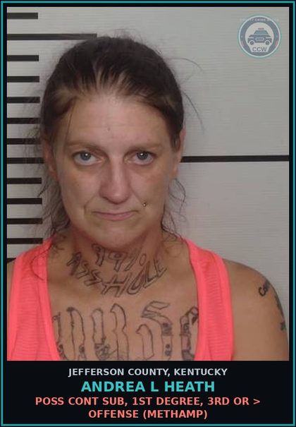 CCW arrest card for Andrea L Heath in Jefferson County: POSS CONT SUB, 1ST DEGREE, 3RD OR > OFFENSE (Methamp)