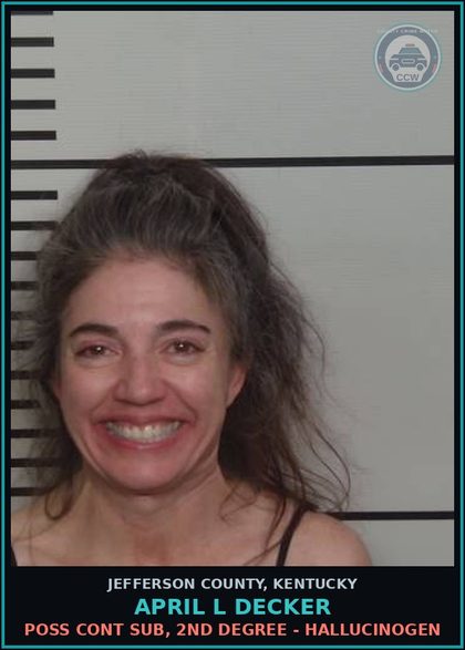 CCW arrest card for April L Decker in Jefferson County: OPER MTR VEHICLE U/INFL ALC .08 (189A.010(1A) - 1ST (AGG CIR)