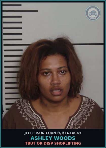 CCW arrest card for Ashley Woods in Jefferson County: TBUT OR DISP SHOPLIFTING