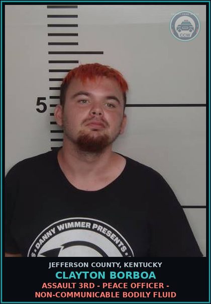 CCW arrest card for Clayton Borboa in Jefferson County: ASSAULT 3RD - PEACE OFFICER - NON-COMMUNICABLE BODILY FLUID