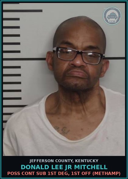 CCW arrest card for Donald Lee Jr Mitchell in Jefferson County: POSS CONT SUB 1ST DEG, 1ST OFF (Methamp)