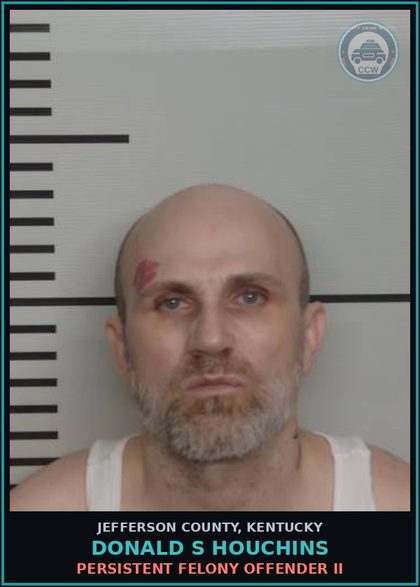 CCW arrest card for Donald S Houchins in Jefferson County: NO REGISTRATION PLATES