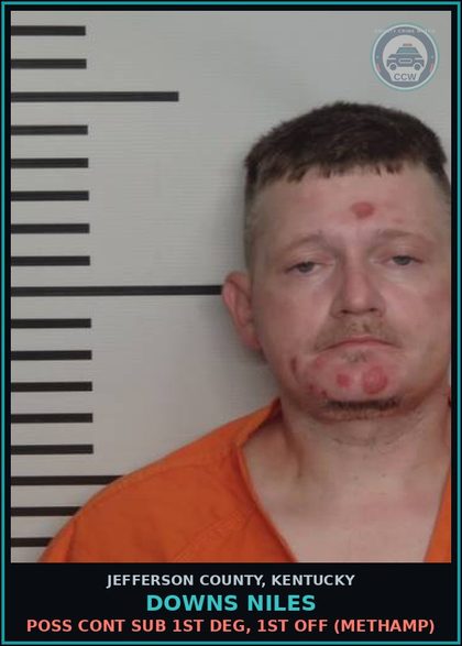 CCW arrest card for Downs Niles in Jefferson County: POSS CONT SUB 1ST DEG, 1ST OFF (Methamp)