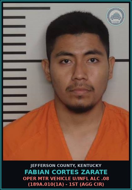 CCW arrest card for Fabian Cortes Zarate in Jefferson County: OPER MTR VEHICLE U/INFL ALC .08 (189A.010(1A) - 1ST (AGG CIR)