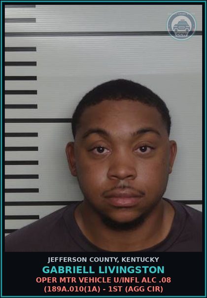CCW arrest card for Gabriell Livingston in Jefferson County: OPER MTR VEHICLE U/INFL ALC .08 (189A.010(1A) - 1ST (AGG CIR)
