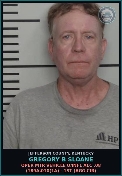 CCW arrest card for Gregory B Sloane in Jefferson County: OPER MTR VEHICLE U/INFL ALC .08 (189A.010(1A) - 1ST (AGG CIR)