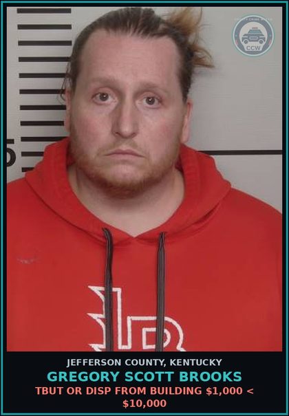 CCW arrest card for Gregory Scott Brooks in Jefferson County: TBUT OR DISP FROM BUILDING $1,000 < $10,000