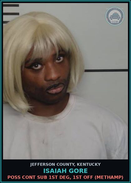CCW arrest card for Isaiah Gore in Jefferson County: POSS CONT SUB 1ST DEG, 1ST OFF (Methamp)