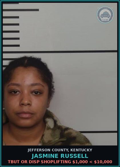 CCW arrest card for Jasmine Russell in Jefferson County: TBUT OR DISP SHOPLIFTING $1,000 < $10,000