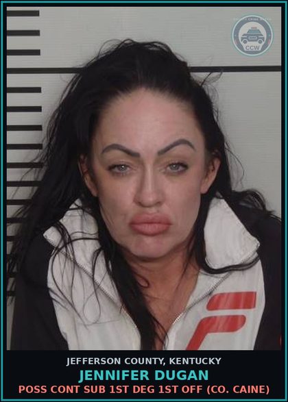 CCW arrest card for Jennifer Dugan in Jefferson County: POSS CONT SUB 1ST DEG 1ST OFF (COCAINE)