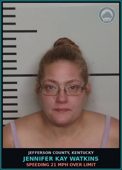 CCW arrest card for Jennifer Kay Watkins in Jefferson County: SPEEDING 21 MPH OVER LIMIT