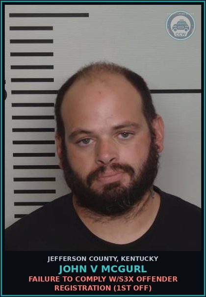 CCW arrest card for John V Mcgurl in Jefferson County: FAILURE TO COMPLY W/s3x OFFENDER REGISTRATION (1ST OFF)
