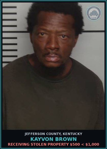 CCW arrest card for Kayvon Brown in Jefferson County: RECEIVING STOLEN PROPERTY $500 < $1,000
