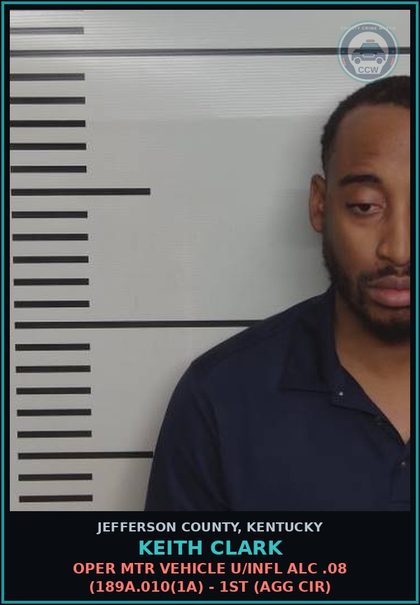 CCW arrest card for Keith Clark in Jefferson County: OPER MTR VEHICLE U/INFL ALC .08 (189A.010(1A) - 1ST (AGG CIR)