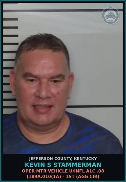 CCW arrest card for Kevin S Stammerman in Jefferson County: OPER MTR VEHICLE U/INFL ALC .08 (189A.010(1A) - 1ST (AGG CIR)