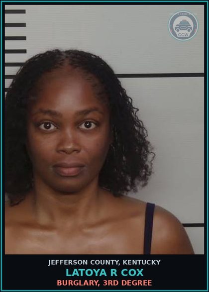 CCW arrest card for Latoya R Cox in Jefferson County: BURGLARY, 3RD DEGREE