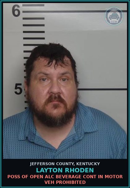CCW arrest card for Layton Rhoden in Jefferson County: OPER MTR VEHICLE U/INFL ALC .08 (189A.010(1A) - 1ST