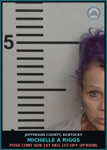 CCW arrest card for Michelle A Riggs in Jefferson County: POSS CONT SUB 1ST DEG 1ST OFF (HEROIN)