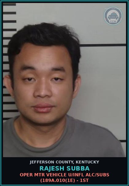 CCW arrest card for Rajesh Subba in Jefferson County: OPER MTR VEHICLE U/INFL ALC/SUBS (189A.010(1E) - 1ST