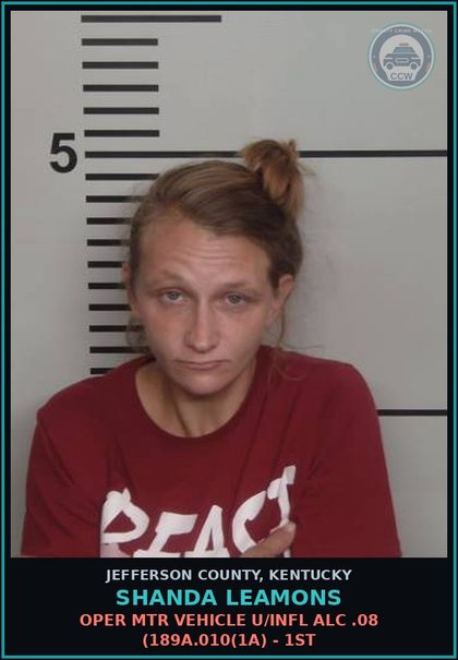 CCW arrest card for Shanda Leamons in Jefferson County, Kentucky: OPER MTR VEHICLE U/INFL ALC .08 (189A.010(1A) - 1ST