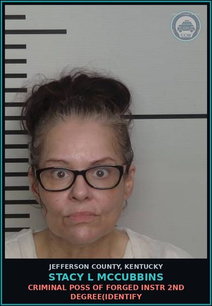 CCW arrest card for Stacy L Mccubbins in Jefferson County: CRIMINAL POSS OF FORGED INSTR 2ND DEGREE(IDENTIFY