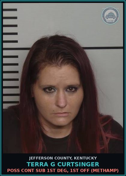 CCW arrest card for Terra G Curtsinger in Jefferson County: POSS CONT SUB 1ST DEG, 1ST OFF (Methamp)