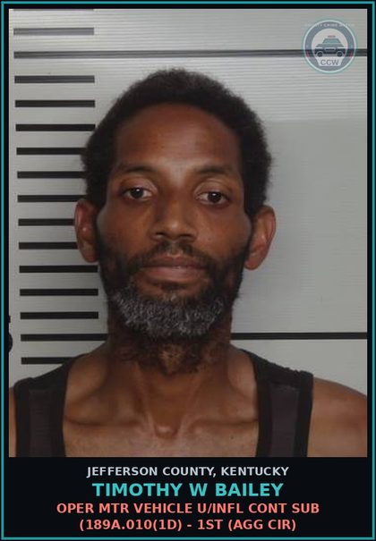 CCW arrest card for Timothy W Bailey in Jefferson County: OPER MTR VEHICLE U/INFL CONT SUB (189A.010(1D) - 1ST (AGG CIR)