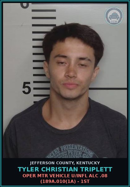 CCW arrest card for Tyler Christian Triplett in Jefferson County: OPER MTR VEHICLE U/INFL ALC .08 (189A.010(1A) - 1ST