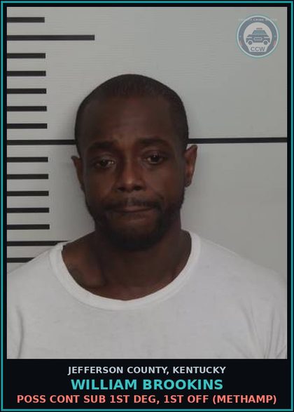 CCW arrest card for William Brookins in Jefferson County: POSS CONT SUB 1ST DEG, 1ST OFF (Methamp)