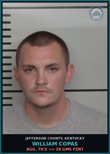 CCW arrest card for William Copas in Jefferson County: AGG. TICS >= 28 GMS Fent