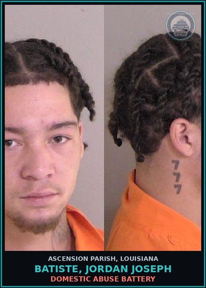 CCW arrest card for Batiste, Jordan Joseph in Ascension Parish: Disturbing the peace / Violent & Tumultuous Manner/ Disorderly Conduct