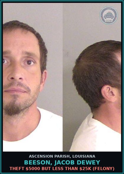 CCW arrest card for Beeson, Jacob Dewey in Ascension Parish: Theft $5000 but less than $25k (Felony)