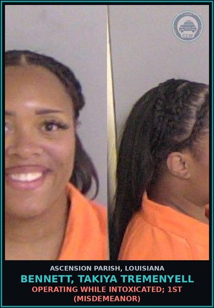CCW arrest card for Bennett, Takiya Tremenyell in Ascension Parish: Careless Operation