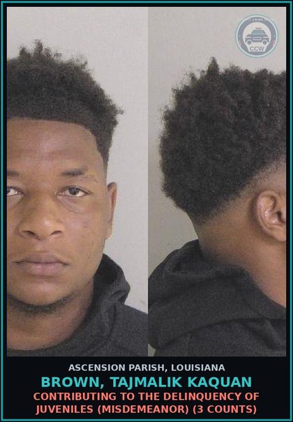 CCW arrest card for Brown, Tajmalik Kaquan in Ascension Parish: Contributing to the Delinquency of Juveniles (Misdemeanor) (3 counts)