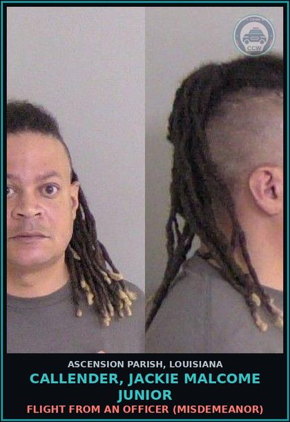 CCW arrest card for Callender, Jackie Malcome Junior in Ascension Parish: Flight from an officer (Misdemeanor)