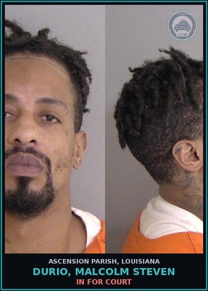 CCW arrest card for Durio, Malcolm Steven in Ascension Parish: In For Court