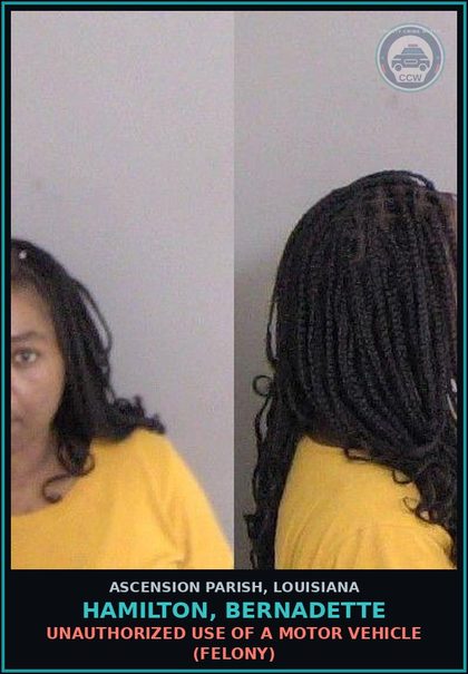 CCW arrest card for Hamilton, Bernadette in Ascension Parish: Unauthorized Use of a Motor Vehicle (Felony)