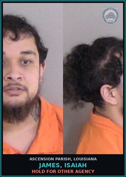CCW arrest card for James, Isaiah in Ascension Parish: Hold for Other Agency