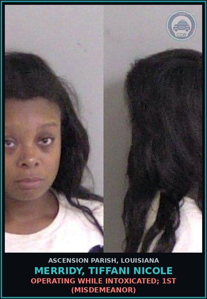 CCW arrest card for Merridy, Tiffani Nicole in Ascension Parish: Registration; Commercial Vehicles; Expired Plate